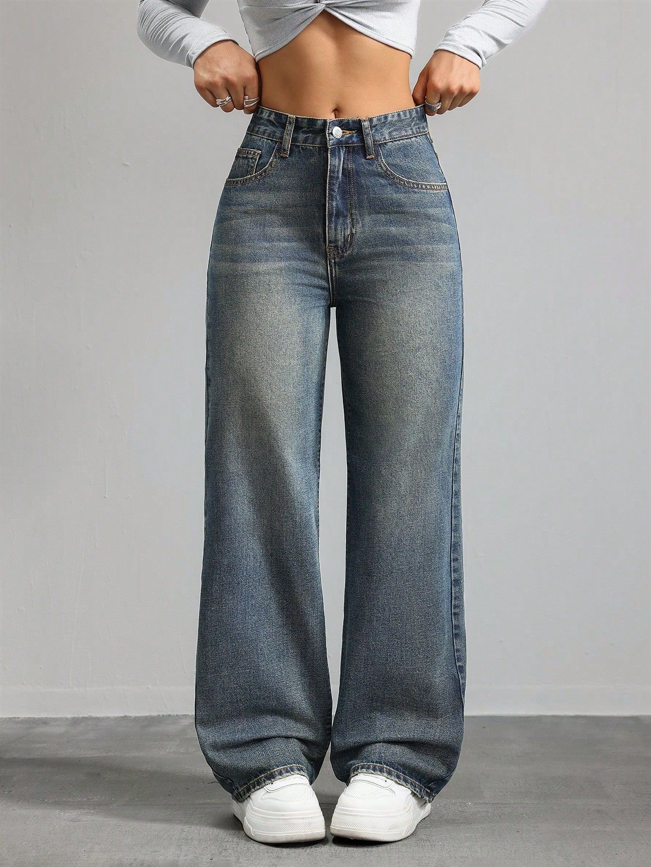 Wide-leg Jeans High Waist Multi-pocket Straight-leg Pants